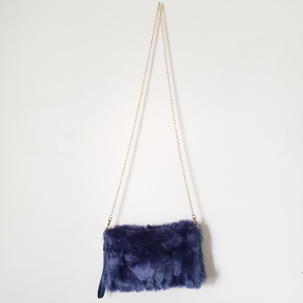 Plush Faux Fur Crossbody Purse w/ Gold Chain New